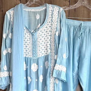Pure Muslin Chikankari Blue Suit / Kurta Pants Dupatta / Free Shipping in US