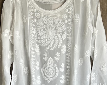 Lucknow Chikankari White A line Short Kurti / Fine Georgette/ Free Shipping in US