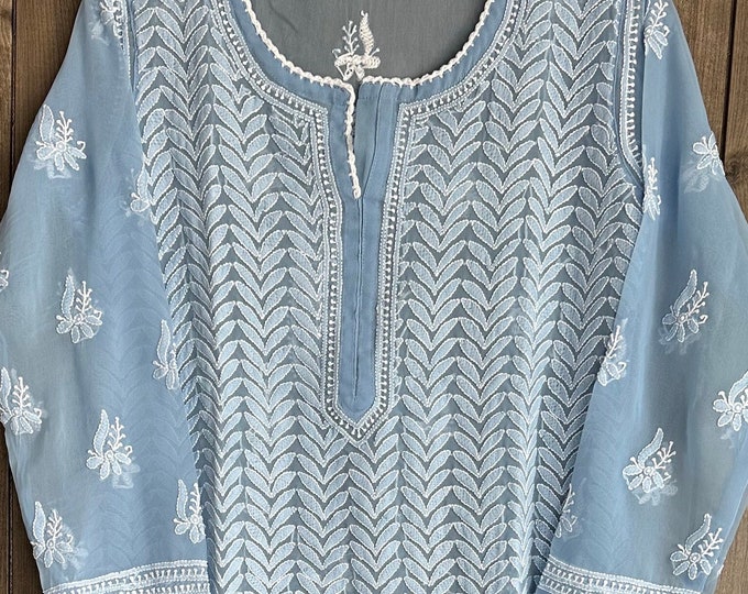 Powder Blue Chikankari Kurta on Georgette / Liner Included / Free Shipping in US