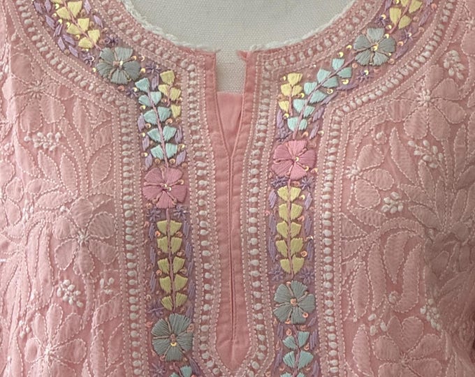 Soft Cotton Kurta with Chikankari and Parsi Embroidery  / Liner included/Free Shipping in US