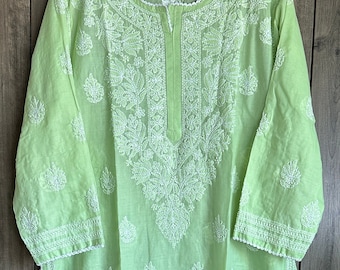 Lucknow Chikankari Green Kurta /Soft Cotton / Liner included/Free Shipping in US