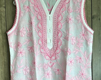 Chikankari Sleeveless Cotton Kurta / Free Shipping in US