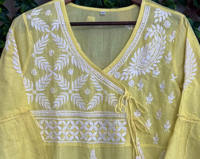 Yellow Pure Cotton Hand Embroidered Blouse ,Short Kurti / Ships from Ohio