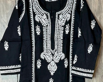 Lucknow Chikankari Black Kurta / Pure Linen Cotton /Free Shipping in US