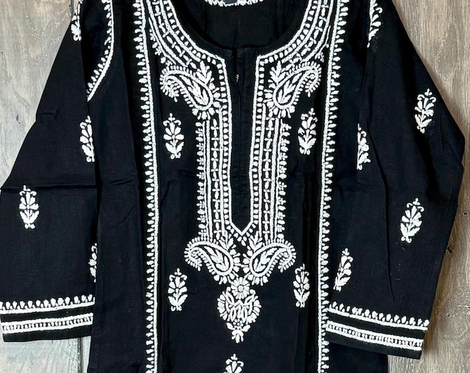 Lucknow Chikankari Black Kurta / Pure Linen Cotton /Free Shipping in US
