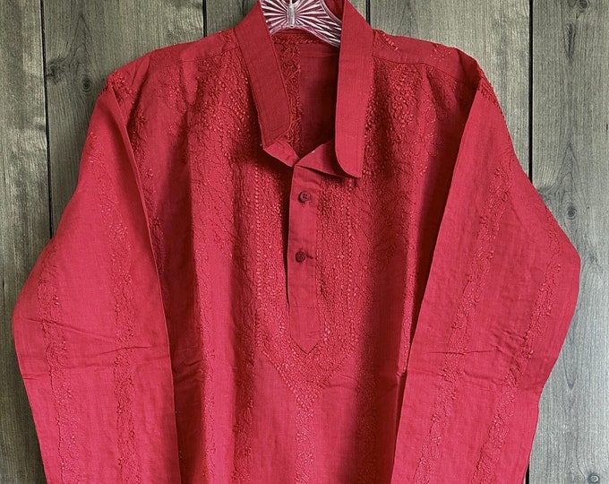 Men's Maroon Cotton Kurta Chikankari /Free Shipping in US