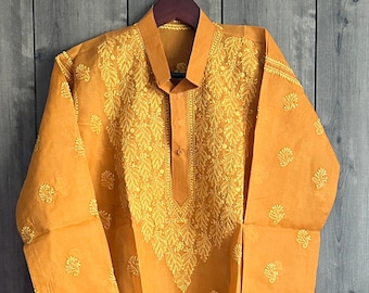 Orangy Mustard Men's  Chikankari Kurta / Hand Embroidered /Free Shipping in US