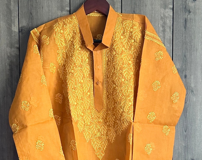 Orangy Mustard Men's  Chikankari Kurta / Hand Embroidered /Free Shipping in US