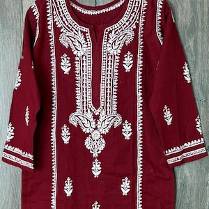 Lucknow Chikankari Maroon Kurta Reine Leinen Baumwolle / Kostenloser Versand in den USA