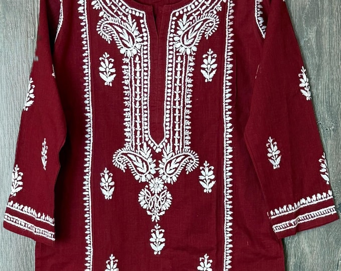 Lucknow Chikankari Maroon Kurta Pure Linen Cotton /Free Shipping in US