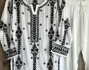 White Muslin Chikankari Kurta and Pants /Free Shipping in US