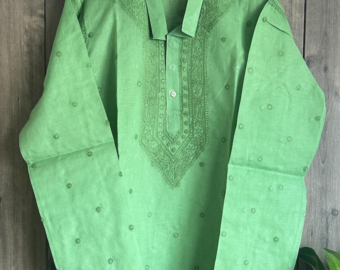 Green Chikankari Cotton Kurta for Men / Hand Embroidered / Free Shipping in US