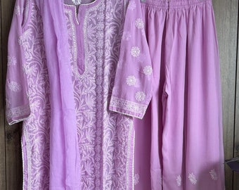 Lucknow Chikankari Lilac Kurta Palazzo Set on Georgette / 4 pc set  /FREE SHIPPING in US