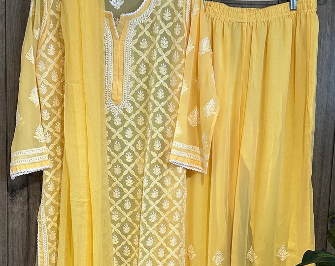 Lucknow Chikankari Mango Yellow Suit on Georgette / 4 pc set  /FREE SHIPPING in US