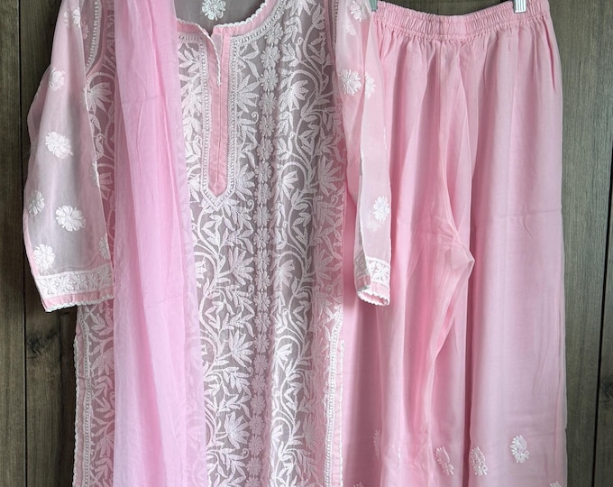 Lucknow Chikankari Pink Kurta and Palazzo Set / Georgette / 4 pc set  /FREE SHIPPING in US