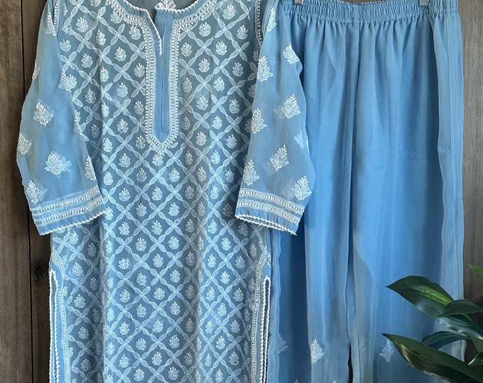 Blue Lucknow Chikankari Georgette Suit / 4 pc set / FREE SHIPPING in US