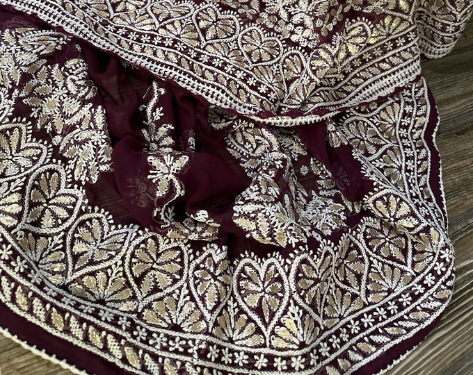 Wine Chikankari Saree with Gota Patti / Georgette Saree/ Petticoat included and Fall Attached/Free Shipping