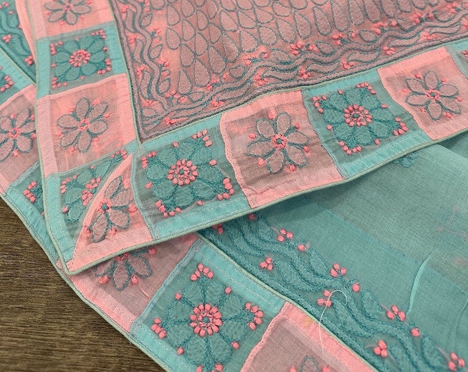 Pink and Blue Chikankari Saree / Pure Cotton/ Fall and Petticoat included/ Free Shipping