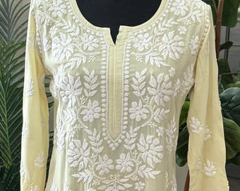 Light Tea Green Chikankari Kurta / Pure Modal Cotton / Hand Embroidered /Free Shipping in US