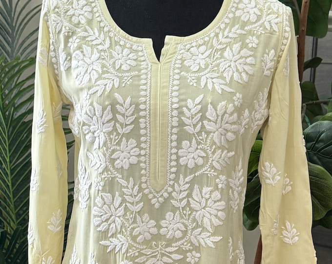 Light Tea Green Chikankari Kurta / Pure Modal Cotton / Hand Embroidered /Free Shipping in US