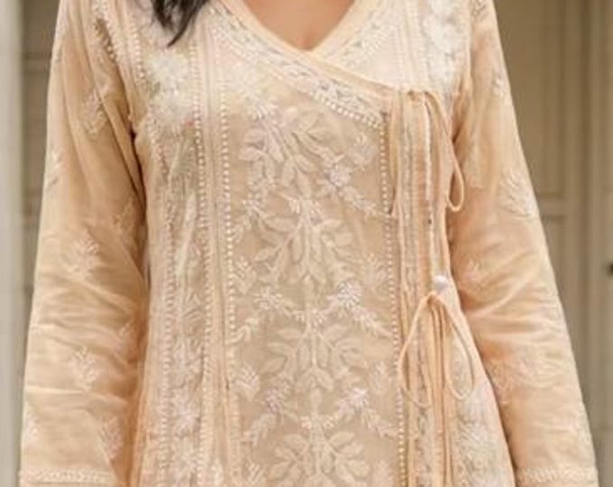Peach Chikankari Angarkha on Soft Cotton / Liner included / Free Shipping