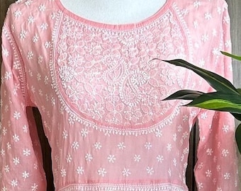 Peach Chikankari Anarkali on Soft Cotton / Free Shipping in US