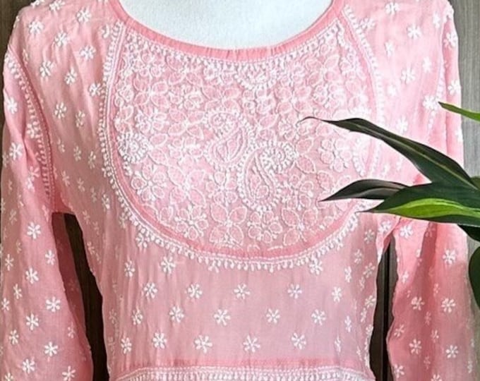 Peach Chikankari Anarkali on Soft Cotton / Free Shipping in US