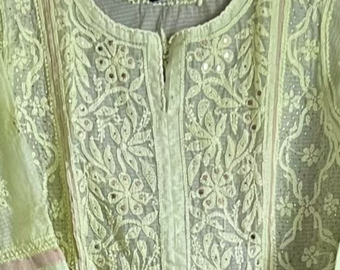 Lucknow Chikankari Lime Green Kurta on Kota Silk/ Free Shipping