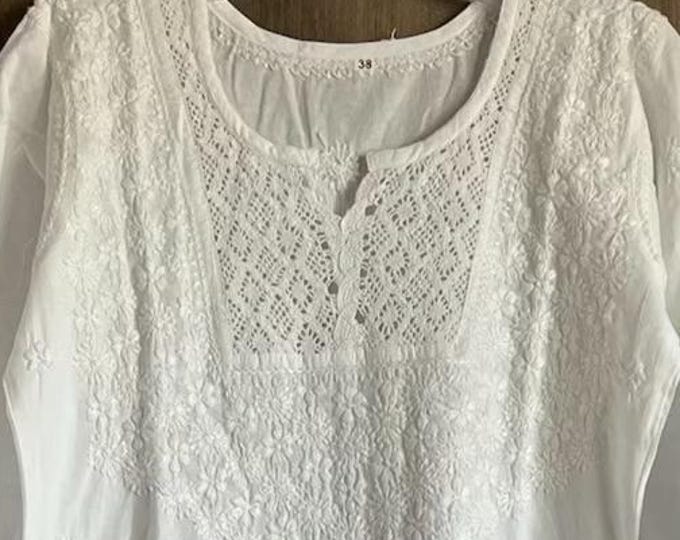 Chikankari White Cotton Kurta with Indigo stole /FREE SHIPPING in US