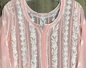 Lucknow Chikankari Peach Anarkali / Liner Included /Free  Shipping in US