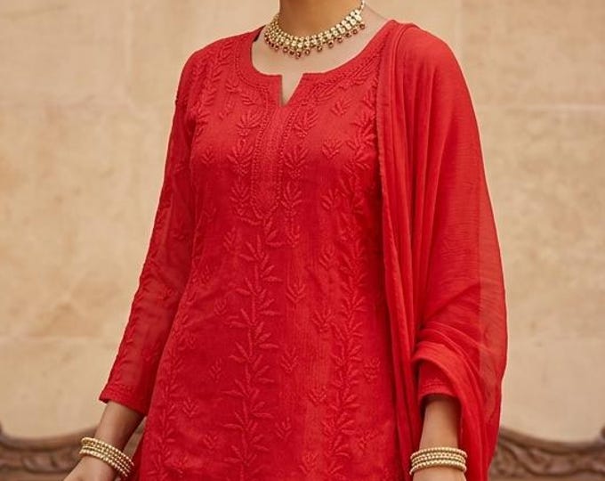 Mul Chanderi Red Chikankari Gharara with Short Kurti and Dupatta /Liner Included /Free Shipping