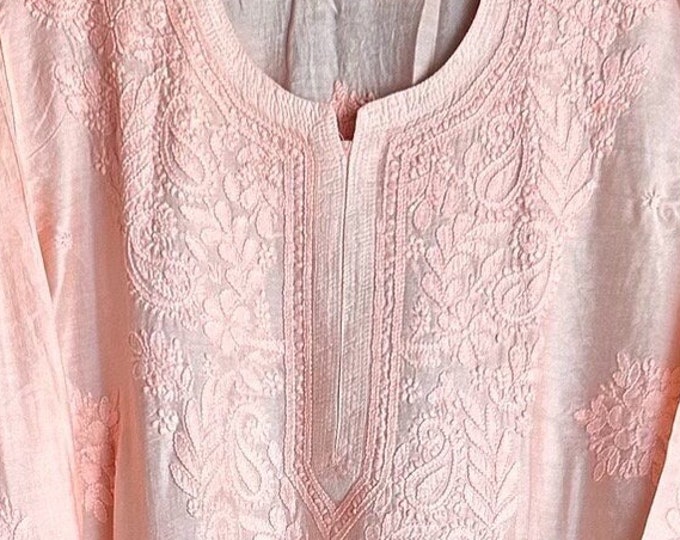 Peachy Pink  Lucknow Chikankari Pure Chanderi Silk Kurta / Free Shipping in US
