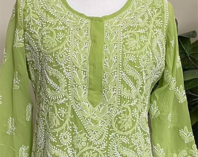 Lucknow Chikankari Green Kurta on Georgette / Liner Included/ FREE SHIPPING in US