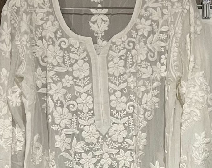 Lucknow Chikankari White Kurta and Pants / Fine Georgette/ FREE SHIPPING in US