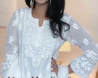 White Chikankari Kurta on Fine Georgette / Dupatta and Liner Included / Free Shipping in US