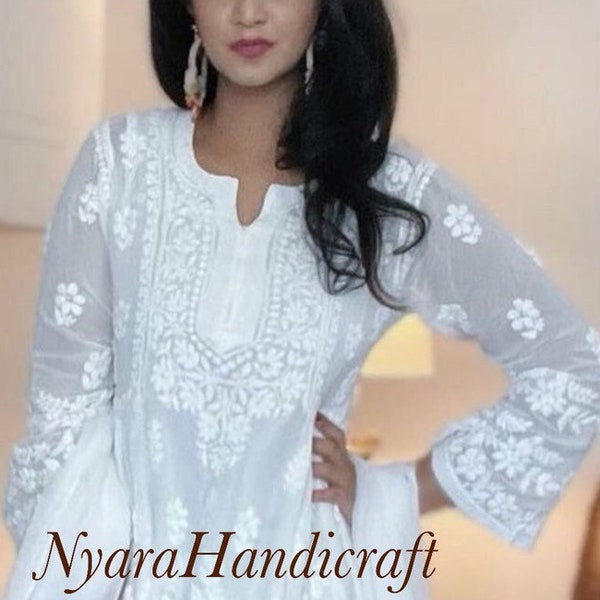 White Chikankari Kurta on Fine Georgette / Dupatta and Liner Included / Free Shipping in US