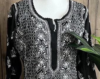 Black Chikankari Kurta on Georgette / Liner included/ Free Shipping in US