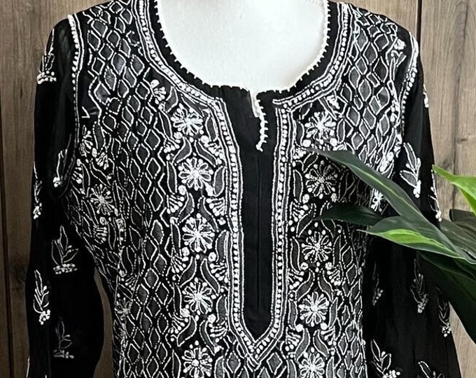 Black Chikankari Kurta on Georgette / Liner included/ Free Shipping in US