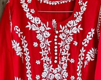 Lucknow Chikankari Red Modal Cotton Kurta /Free Shipping in US