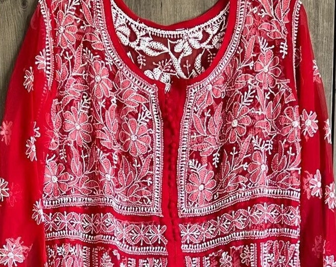 Red Lucknow Chikankari Anarkali / Matching liner included /FREE SHIPPING in US