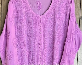 Lavender Lucknow Chikankari Fine Georgette Kurta / Free Shipping In US