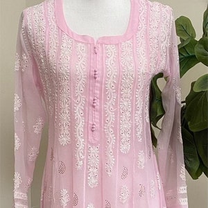 Lucknow Chikankari Pink Georgette Anarkali / Matching liner included /FREE SHIPPING in US