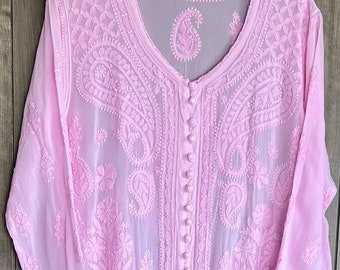 Pink Lucknow Chikankari Fine Georgette Kurta / Free Shipping In US