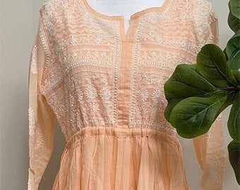 Lucknow Chikankari Peach Anarkali on Cotton /Includes liner/Free Shipping in US