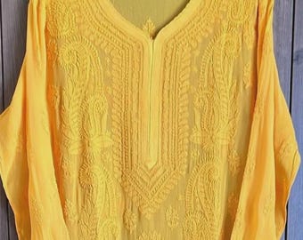 Yellow Lucknow Chikankari Kurta /Fine Georgette /Free Shipping in US