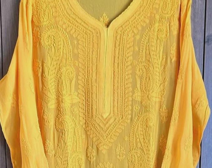 Yellow Lucknow Chikankari Kurta /Fine Georgette /Free Shipping in US