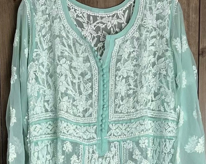Lucknow Chikankari Seafoam Green Georgette Anarkali / Matching liner included /FREE SHIPPING in US
