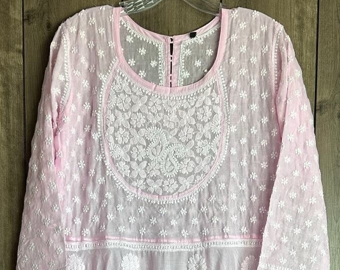 Pink Chikankari Yoke Anarkali Soft Cotton / Free Shipping in US
