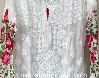 Lucknow Chikankari Kurta on soft mal mal cotton/Floral Print/ Includes liner/Free Shipping
