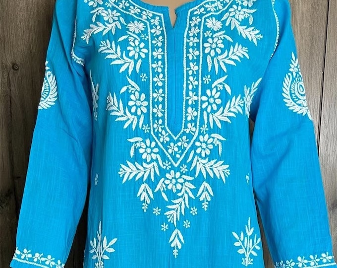 Lucknow Chikankari Blue Kurta Pure Linen Cotton /Free Shipping in US